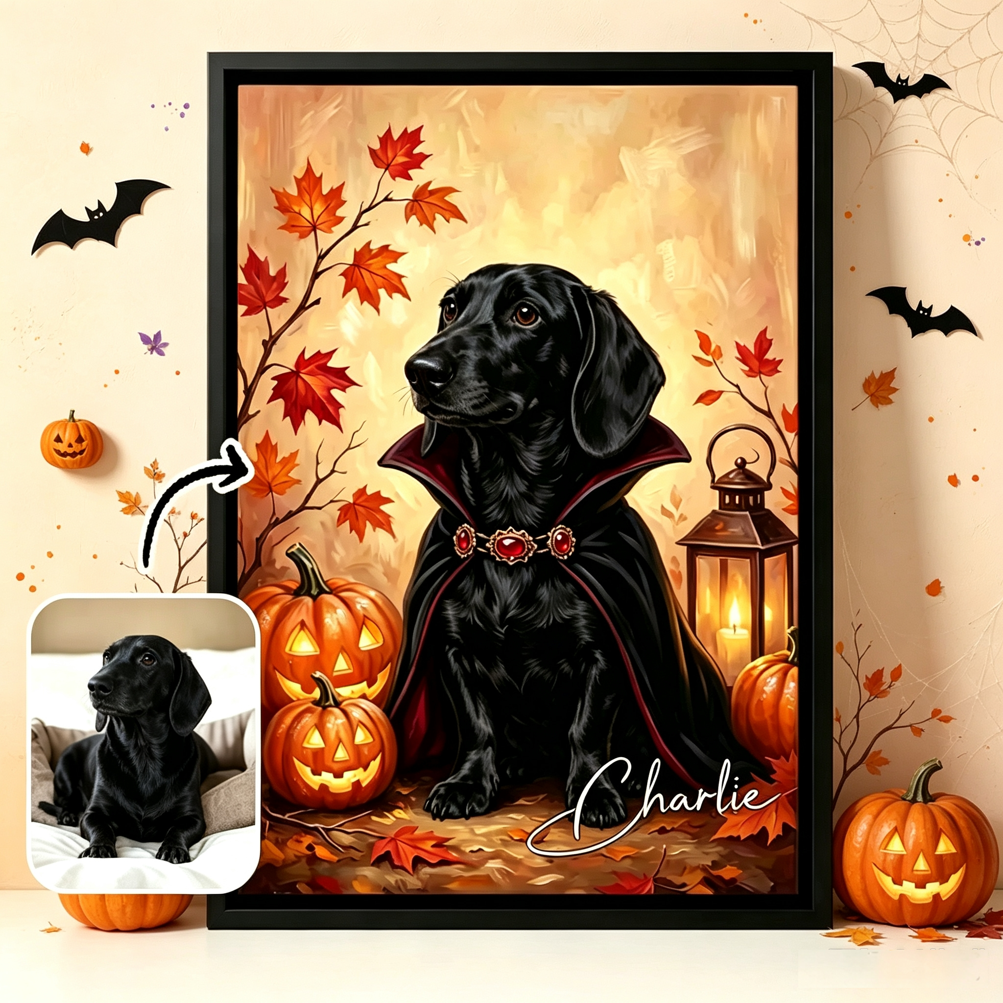 Personalized Halloween Pet Canvas Art, Custom Oil Painting Style Portrait