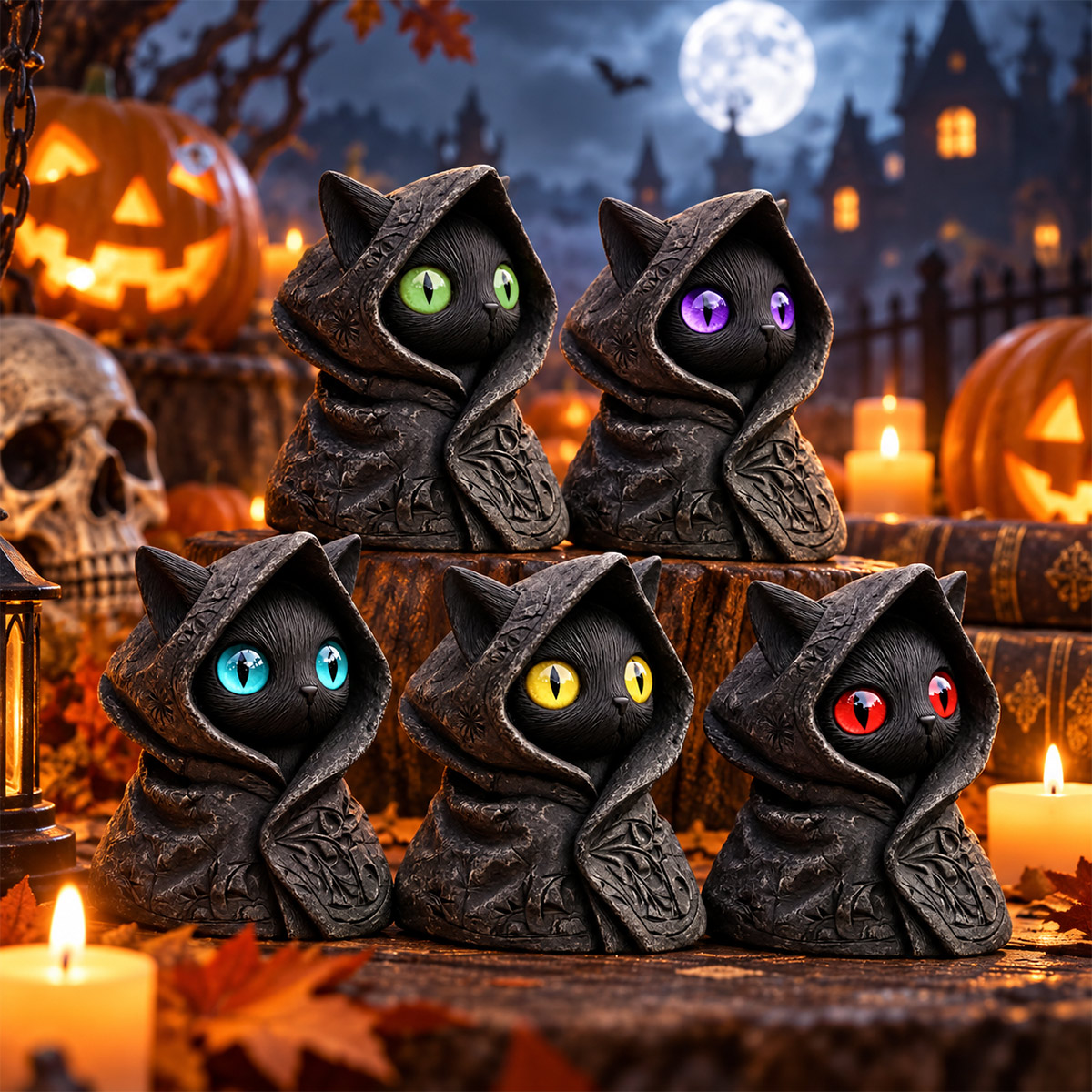 Mysterious Hooded Cat Figurine - Gothic Black Cat Statue, Fantasy Witchy Kitten Sculpture Home Decor, Perfect Gift for Cat Lovers