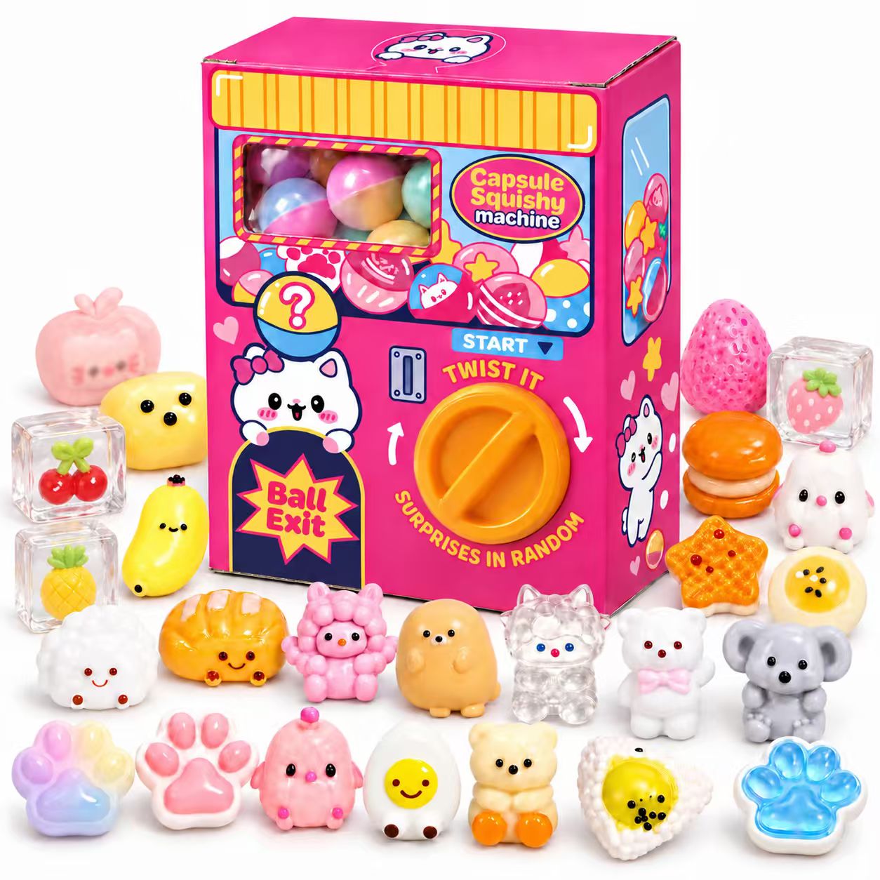 Squishy Capsule Toys for Kids, Mini Vending Machine Toy Set, Soft Stress Relief Squishies Party Favors, Classroom Rewards & Birthday Gifts