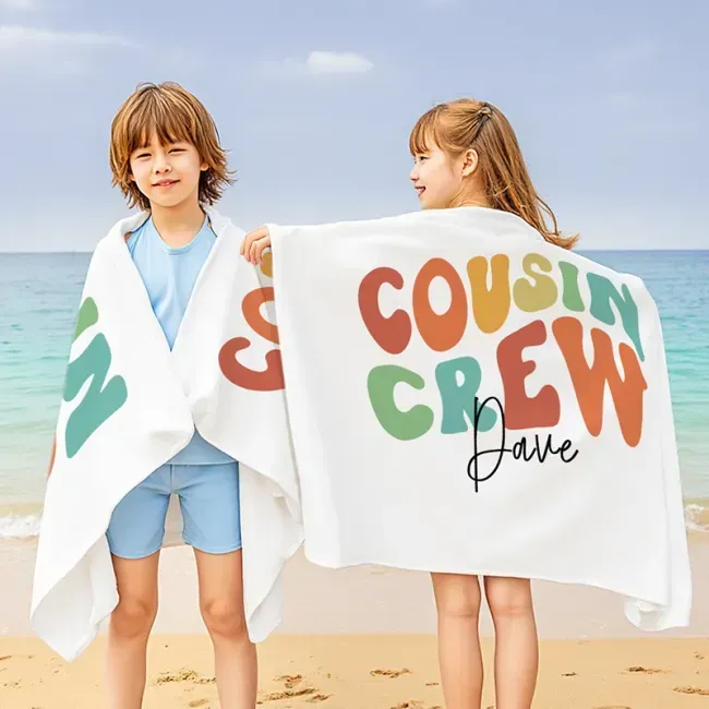 Personalized Name Cousin Crew Beach Towel, Perfect for Family Outings - Giftlab
