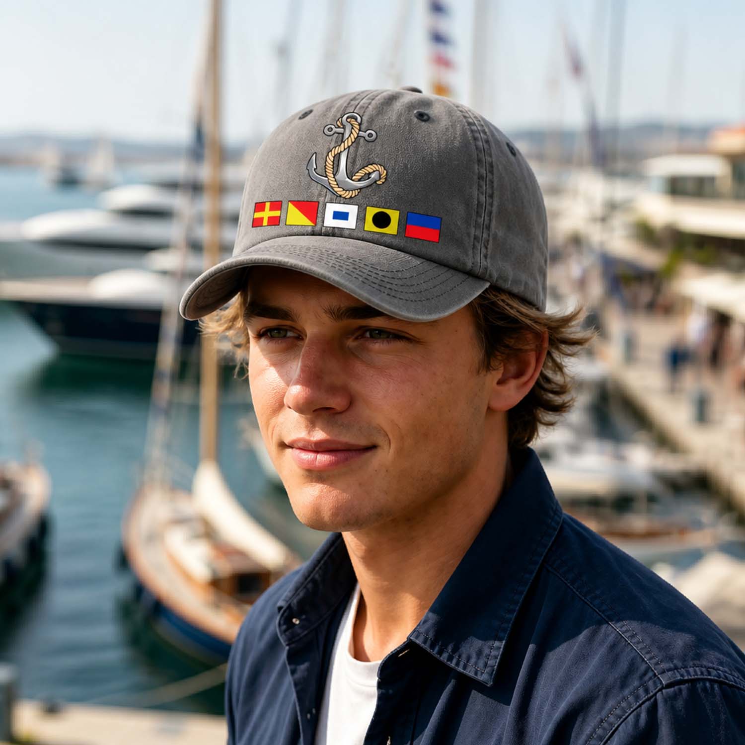 Washed Denim Baseball Cap with Boat Anchor and Nautical Flags - Coastal Style Unique Gift for Sailors and Boat Lovers