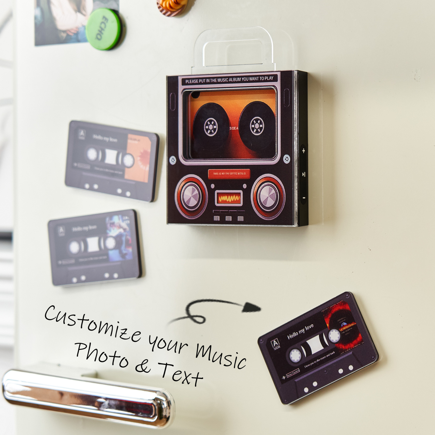 Custom Music Mixtape Fridge Magnet with Preview | Auto-Play 1/3/6/9 Songs Cassette Style Photo Magnet with Changeable Tape & Song | No App Needed Romantic Gift for Couples & Anniversary