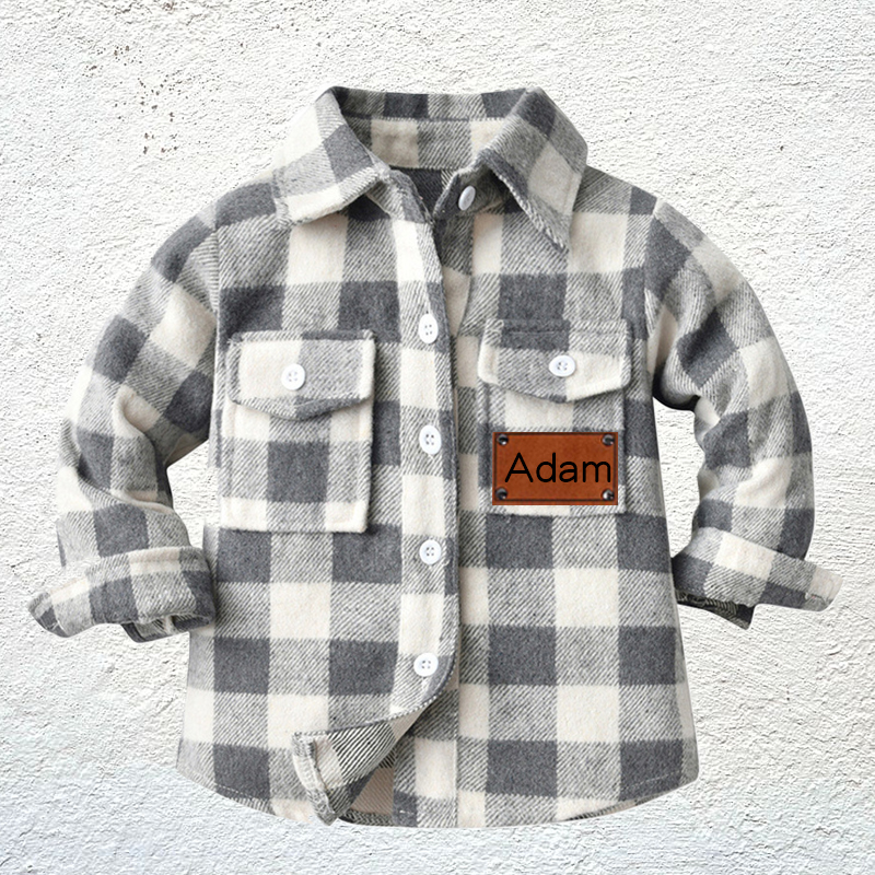 Custom Name Jacket Personalized Leather Patch Kids Flannel Jacket for Children
