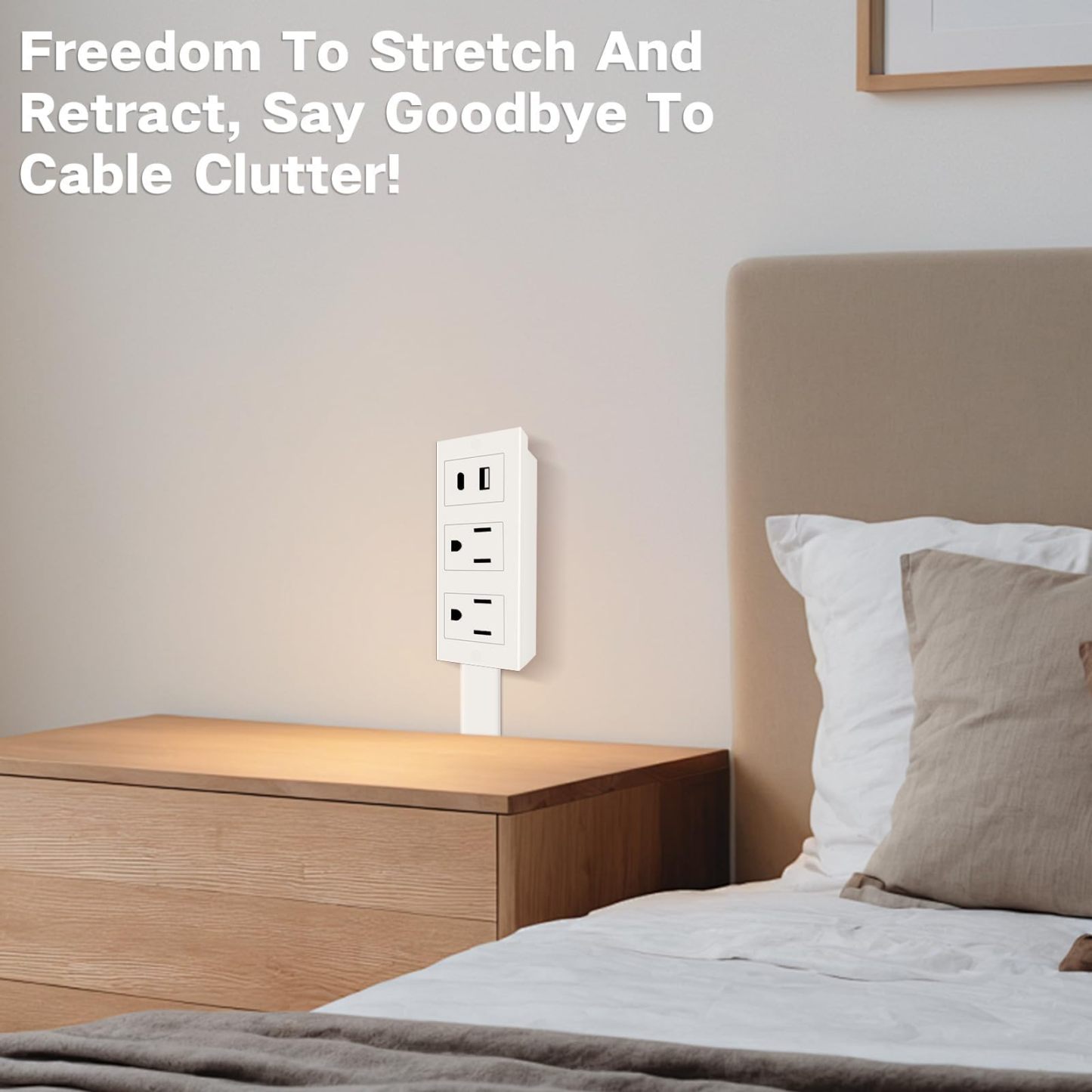 Adjustable Power Socket Extender USB-A, USB-C, Dual AC Ports, 17.7"–27.6" Retractable Cord, 180° Rotation Certified Safe for Sofa, Nightstand, or Office Desk