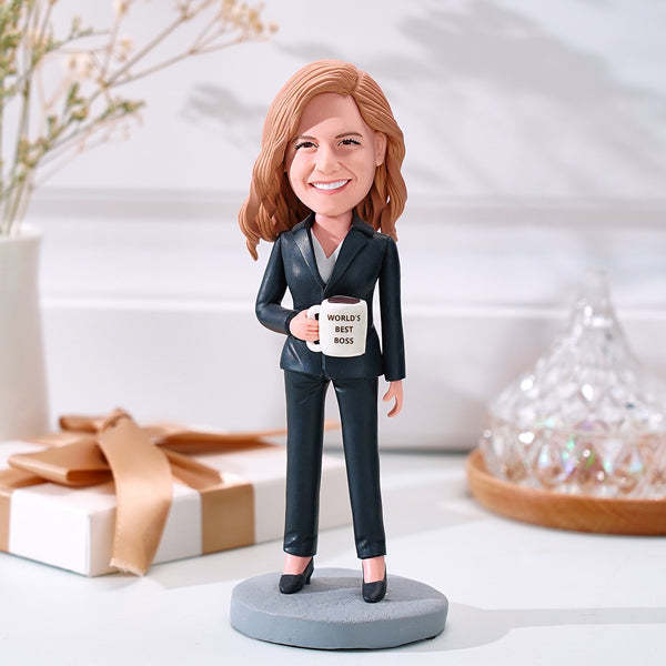 Female Business Christmas Gift Custom Bobblehead Gift World's Best Boss Holding A Water Glass - Bestchristmasgifts