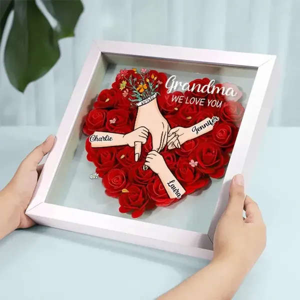 Family Love Blooms Forever – Personalised Mom & Grandma Flower Shadow Box with Names - Bestchristmasgifts