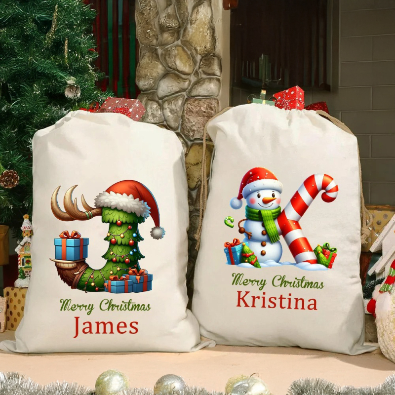 Custom Christmas Alphabet Canvas Gift Bag Tree Snowman Elf Igloo Drawstring Bag with Name Initial Favors Gift for Kids