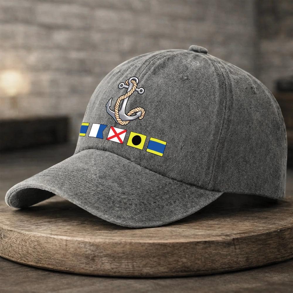 Washed Denim Baseball Cap with Boat Anchor and Nautical Flags - Coastal Style Unique Gift for Sailors and Boat Lovers