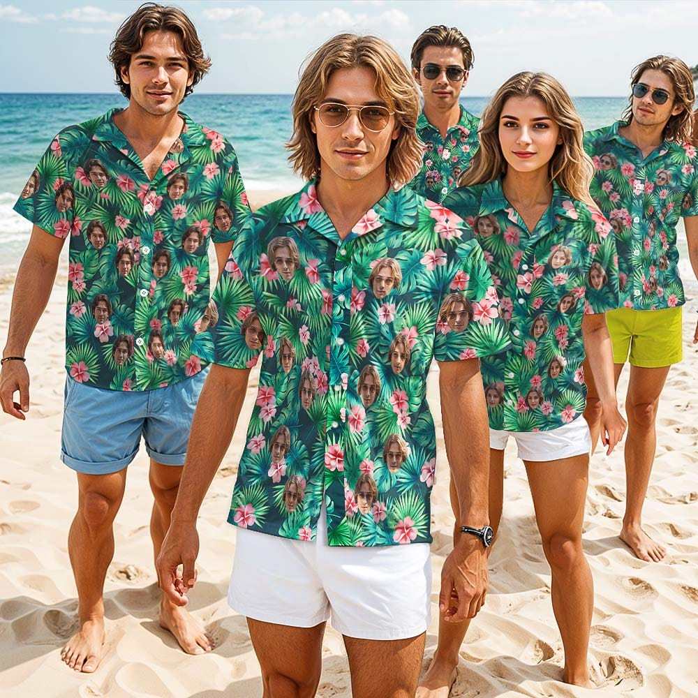 Custom Logo Leaves & Flowers Hawaiian Shirt with Face And Beach Shorts Set Personalized Men's Photo All Over Print Set Vacation Party Gift for Company - Giftlab