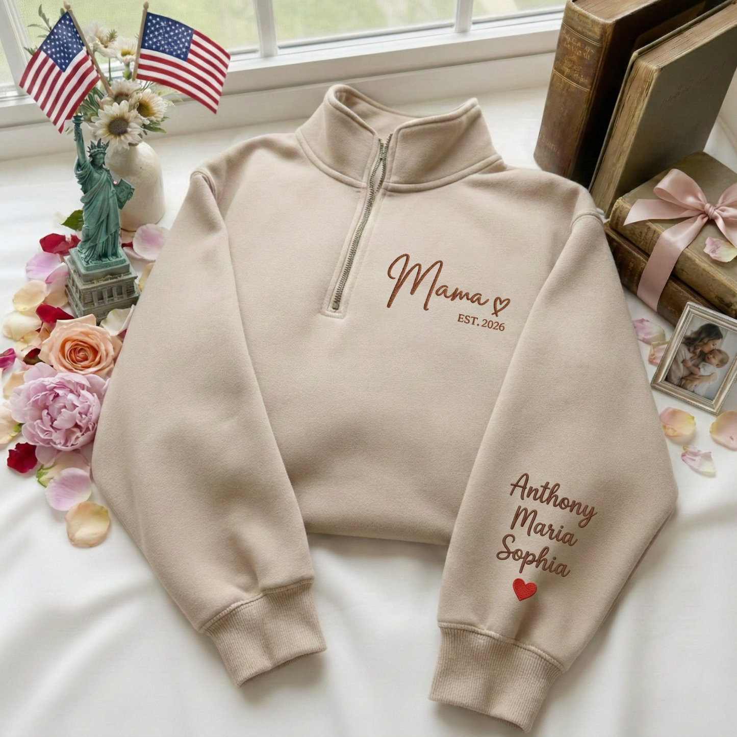 Embroidered Mother's Day Est With Kid's Names On Sleeve Quarter-Zip Sweatshirt, Hoodie Sweatshirt T-Shirt