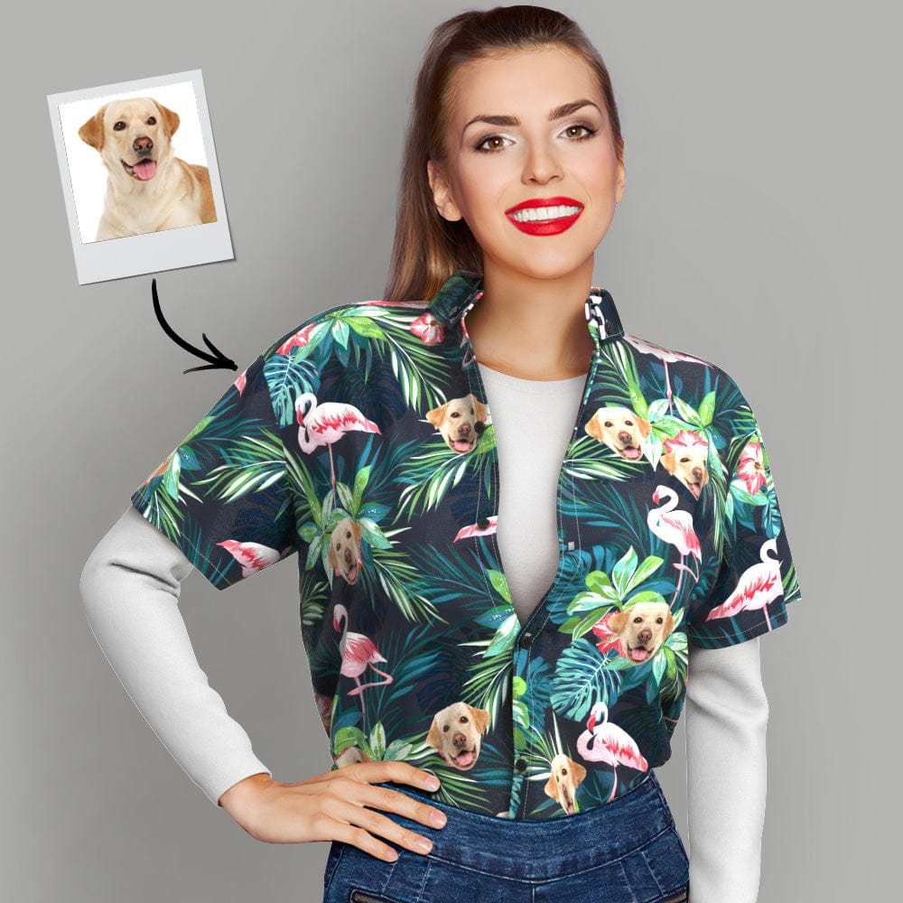 Christmas Gifts Custom Hawaiian Shirt with Face Custom Dog Face Shirt Leaves & Flamingo Button Down Shirts - Giftlab