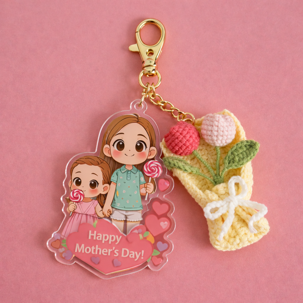 Mother’s Day Keychain Gift | Cute Girl Acrylic Charm with Handmade Crochet Carnation Bouquet | Sweet & Thoughtful Gift - Bestchristmasgifts