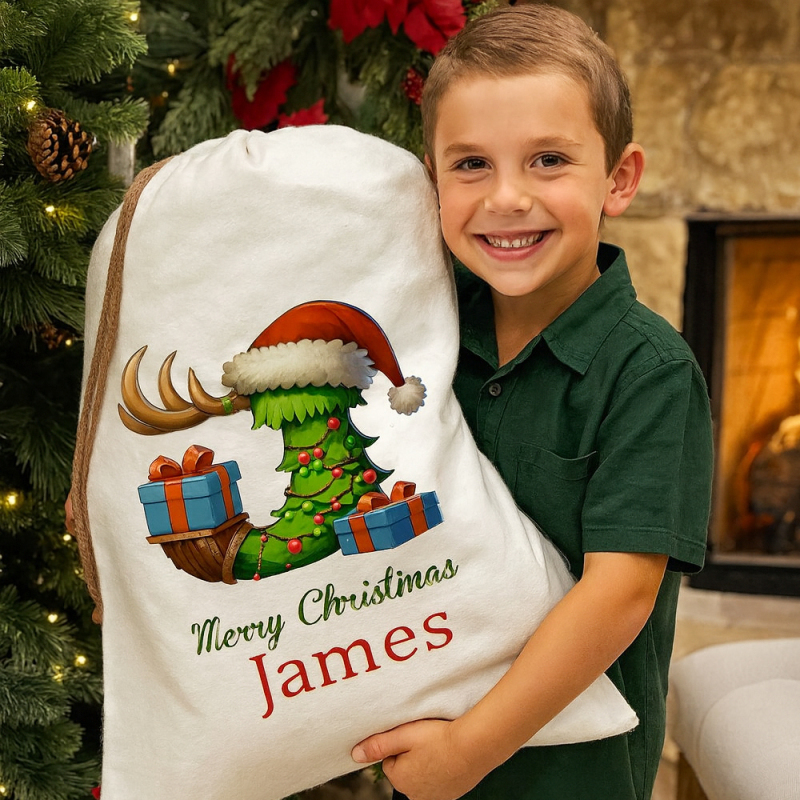 Custom Christmas Alphabet Canvas Gift Bag Tree Snowman Elf Igloo Drawstring Bag with Name Initial Favors Gift for Kids