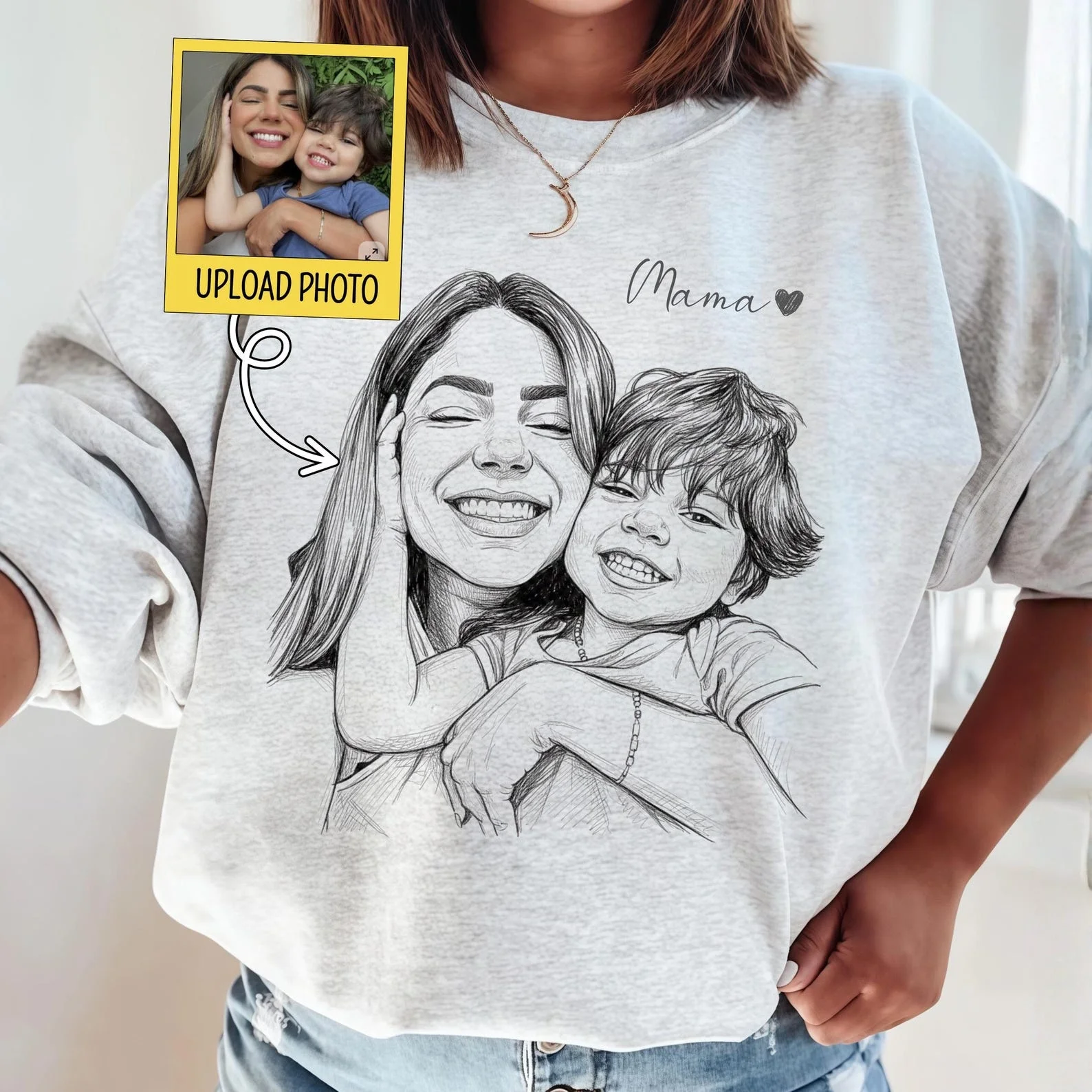 Custom Mom Photo Sketch Sweatshirt/T-shirt Personalized Hand-Drawn Portrait from Photo, Custom Mother’s Day Shirt, Birthday Gift for Mom/Grandma
