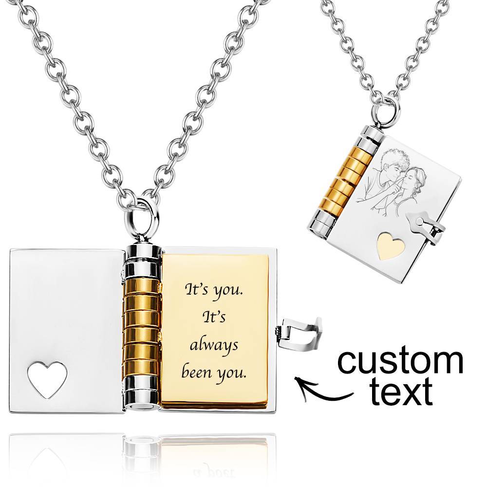 Personalized Photo Book Necklace – Romantic Locket Pendant with Love Messages Inside Adjustable Chain Jewelry Gift for Her, Valentine’s or Birthday