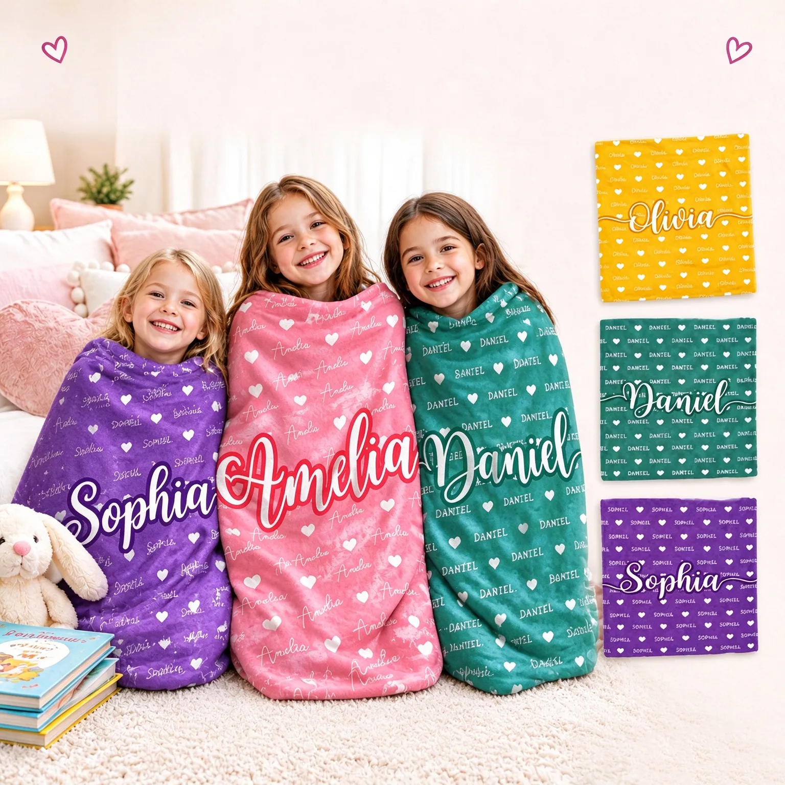 Personalized Fleece Blanket for Kids - Birthday Gift with Name & Hearts, Cozy Sherpa Throw for Girls and Boys