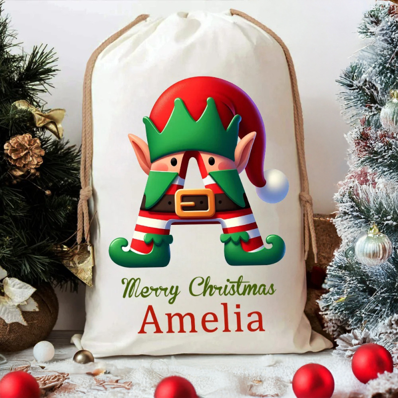 Custom Christmas Alphabet Canvas Gift Bag Tree Snowman Elf Igloo Drawstring Bag with Name Initial Favors Gift for Kids