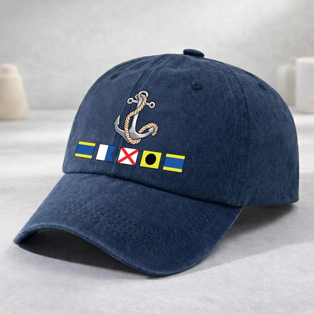 Washed Denim Baseball Cap with Boat Anchor and Nautical Flags - Coastal Style Unique Gift for Sailors and Boat Lovers
