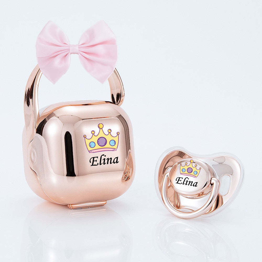 personalized bow Metallic rose gold bling pacifier and pacifier box set BPA free dummy Luxury baby shower gift