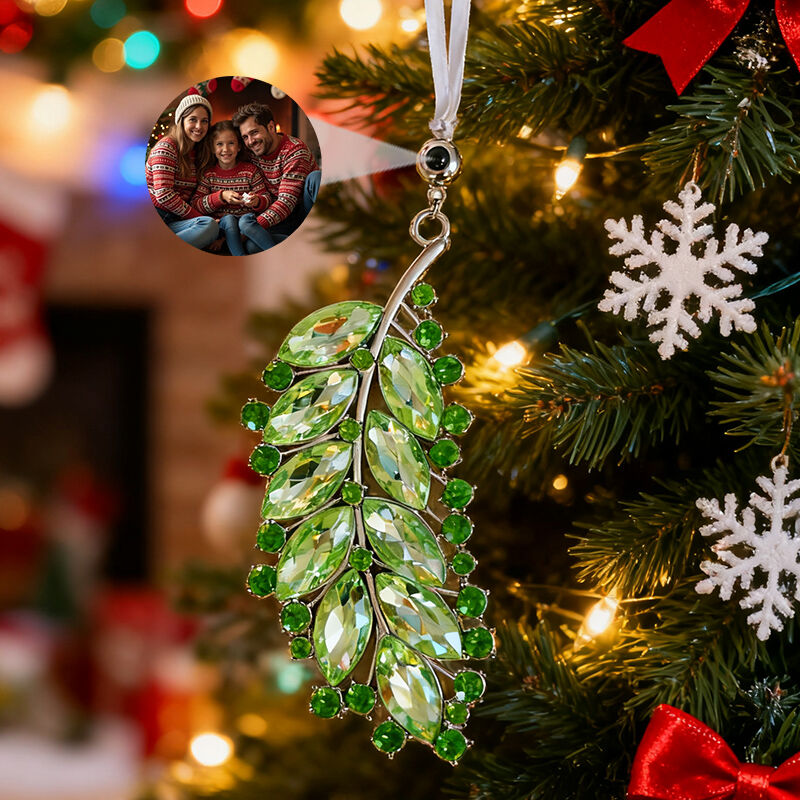 Personalized Leaf Photo Projection Ornament Projection Picture Pendant with Diamonds Warm Gift for Christmas