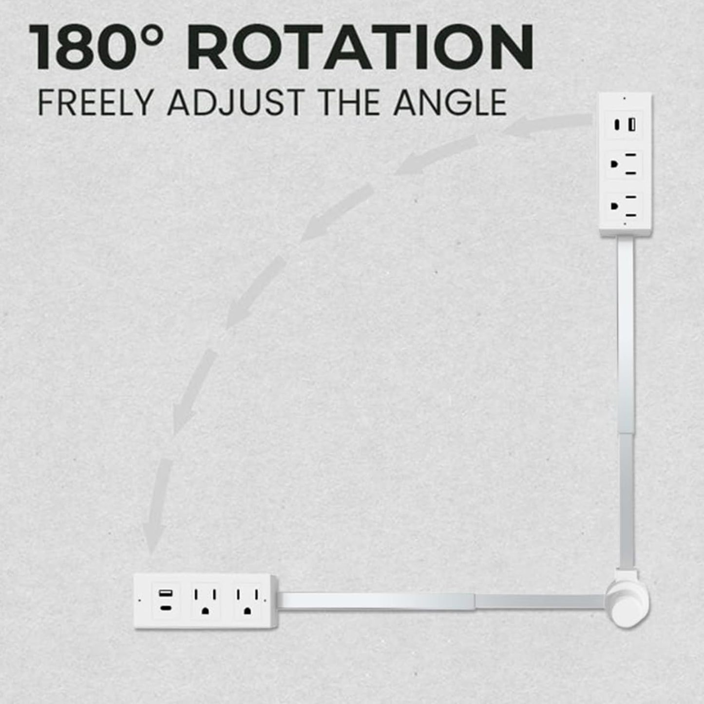 Adjustable Power Socket Extender USB-A, USB-C, Dual AC Ports, 17.7"–27.6" Retractable Cord, 180° Rotation Certified Safe for Sofa, Nightstand, or Office Desk