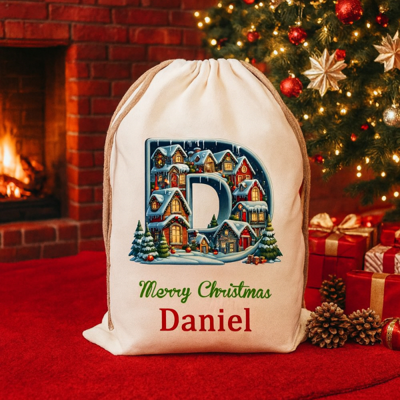 Custom Christmas Alphabet Canvas Gift Bag Tree Snowman Elf Igloo Drawstring Bag with Name Initial Favors Gift for Kids