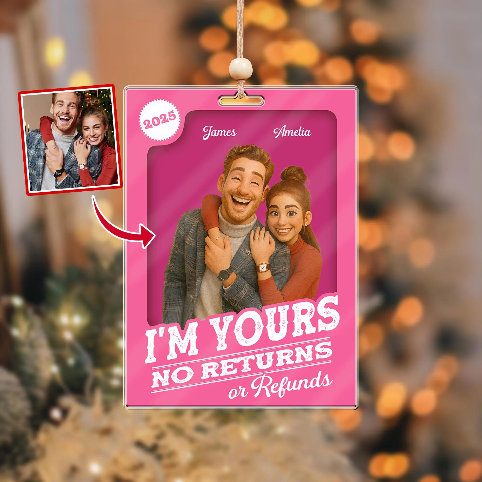 Custom Photo 2D Effect Figure Art Loving Couple, Personalized Couple Photo Acrylic Ornament, Couple 2D Block I'm Yours No Returns Ornament