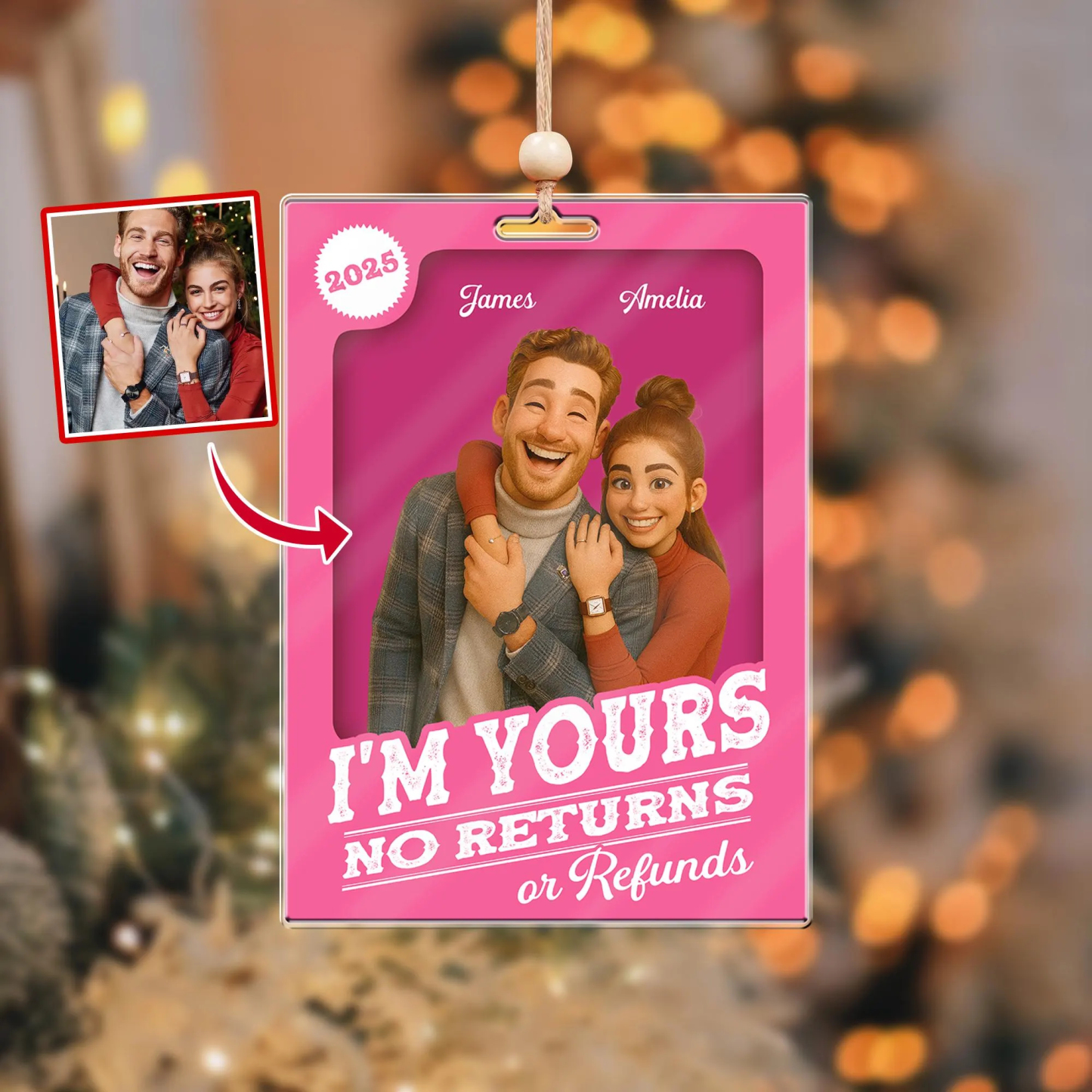Custom Photo 2D Effect Figure Art Loving Couple, Personalized Couple Photo Acrylic Ornament, Couple 2D Block I'm Yours No Returns Ornament