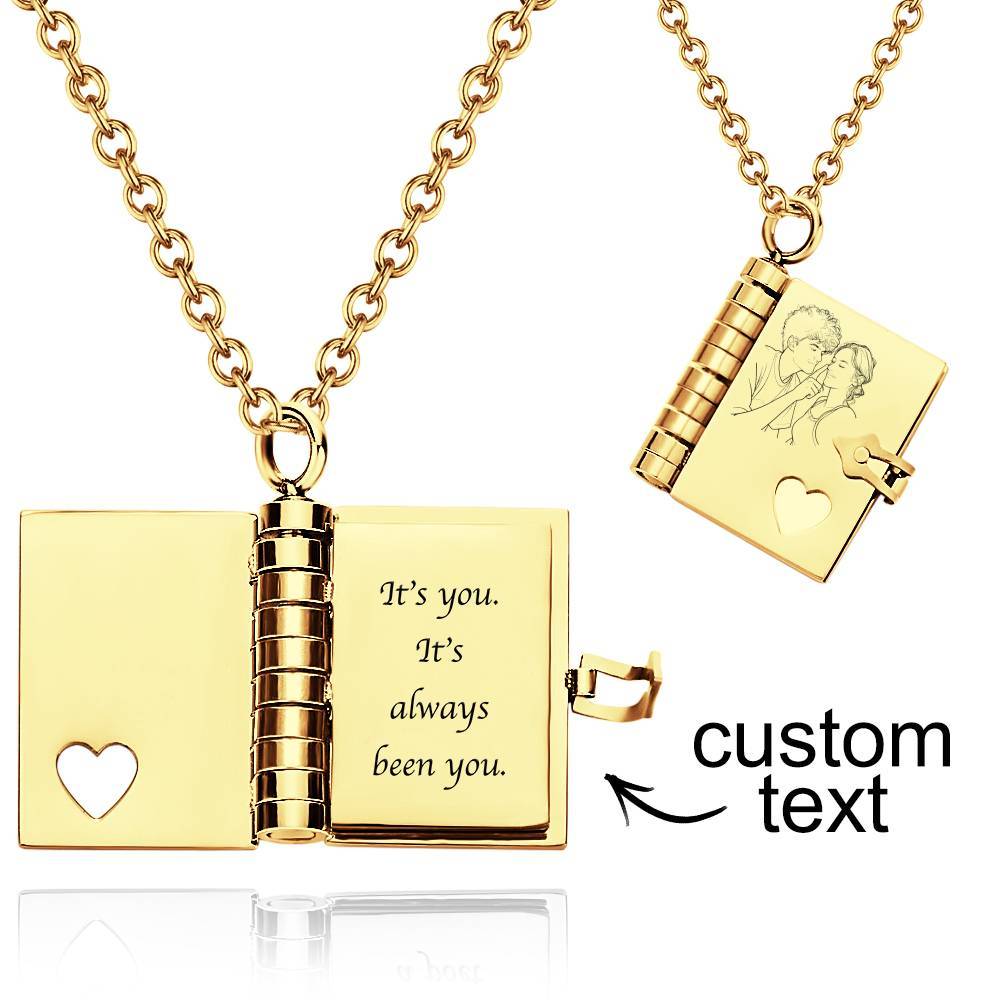 Personalized Photo Book Necklace – Romantic Locket Pendant with Love Messages Inside Adjustable Chain Jewelry Gift for Her, Valentine’s or Birthday