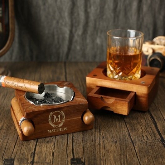 Personalized Whiskey & Cigar Tray Glass Holder Ashtray Whiskey, 2 in 1 Wooden Cigar Ashtray With Whiskey Glass Holder, Great Gifts for Men