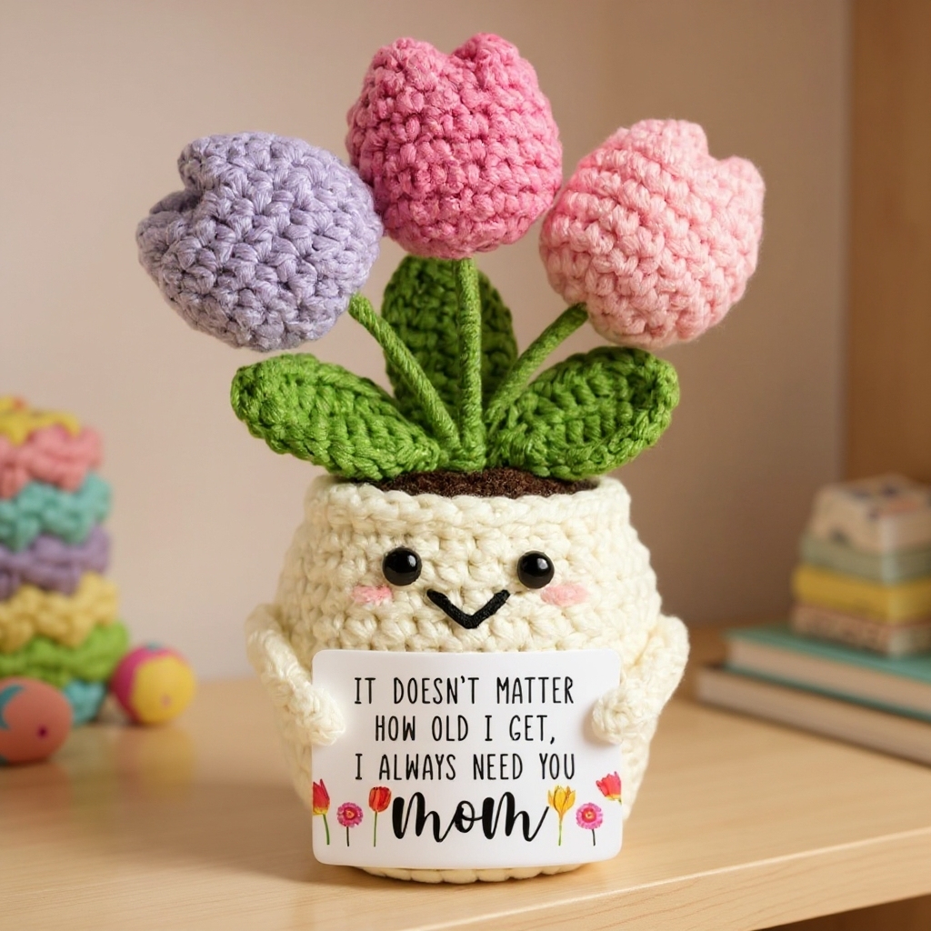 Gifts for Mom from Daughter Son - Cute Mothers Day, Birthday Gifts for Moms, Mother, Mama - 5.51'' x 4.13'' Mother's Day Knitted Positive Tulip Flowers Mom Crochet Doll