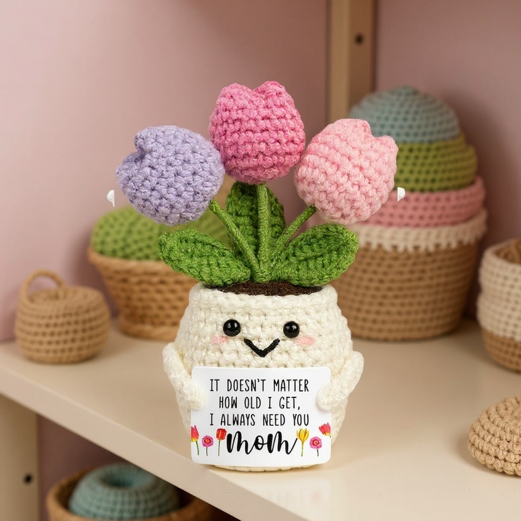 Gifts for Mom from Daughter Son - Cute Mothers Day, Birthday Gifts for Moms, Mother, Mama - 5.51'' x 4.13'' Mother's Day Knitted Positive Tulip Flowers Mom Crochet Doll