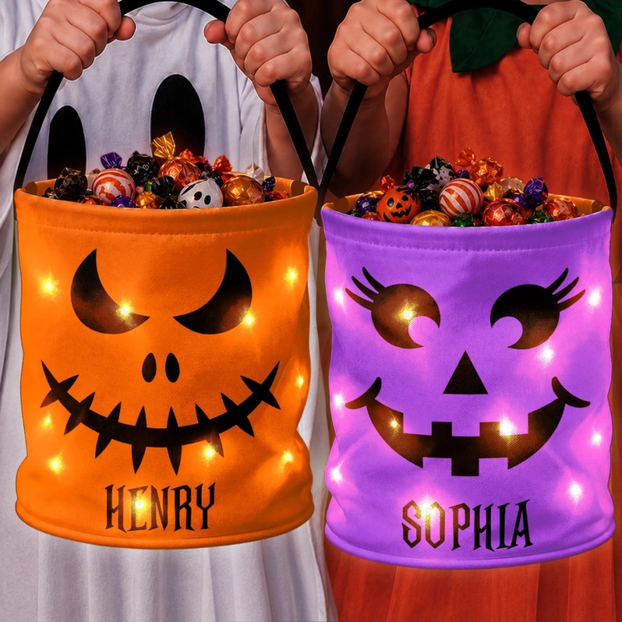 Custom LED Light Bucket Bag - Personalized Halloween Birthday Gifts For Kids - Little Boo Energy Glow Treat Bag for Kids & Trick-or-Treating