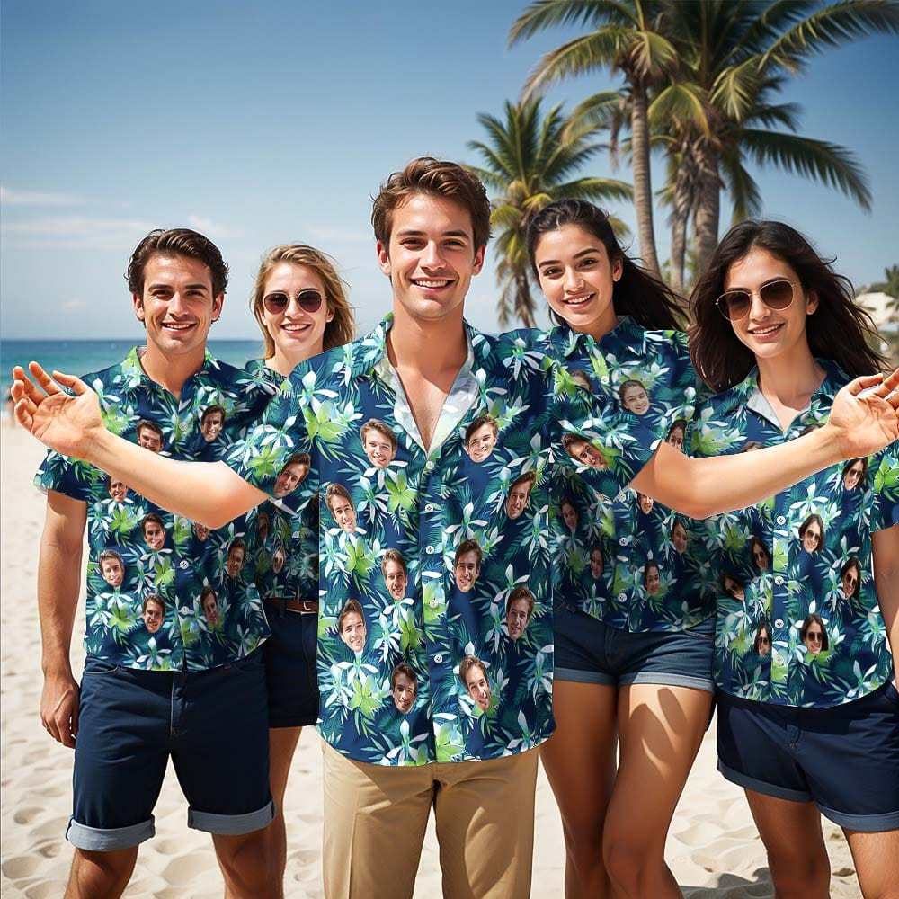 Custom Logo Hawaiian Shirt And Beach Shorts Set Personalized Men's Face Tropical Leaves Set Vacation Party Gift for Company - Giftlab
