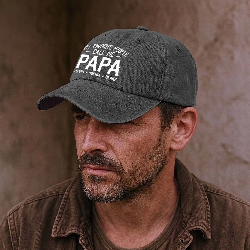 Personalized Washed Denim Cap with Kids’ Names – Custom Dad, Papa, or Grandpa Hat