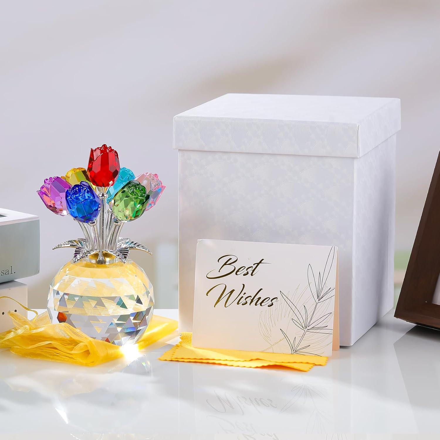 Crystal Colorful Rose Bouquet Figurine with Round Vase, Glass Rose Flower Romantic Gifts for Her Mom on Birthday, Collectible Decoration Table Centerpiece for Home