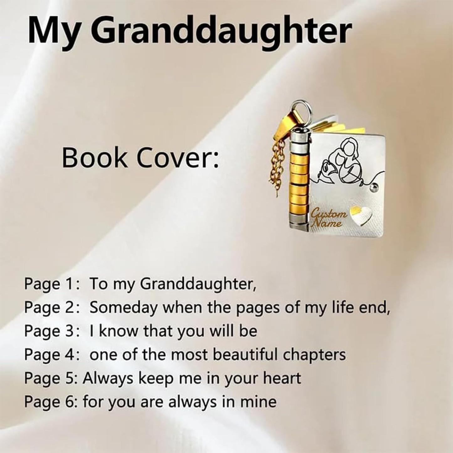 Personalized For Granddaughter Chapter Book Necklace, to My Granddaughter Book Necklace with 6 Engraved Pages, Custom Name Stainless Steel Gift from Granddaughter