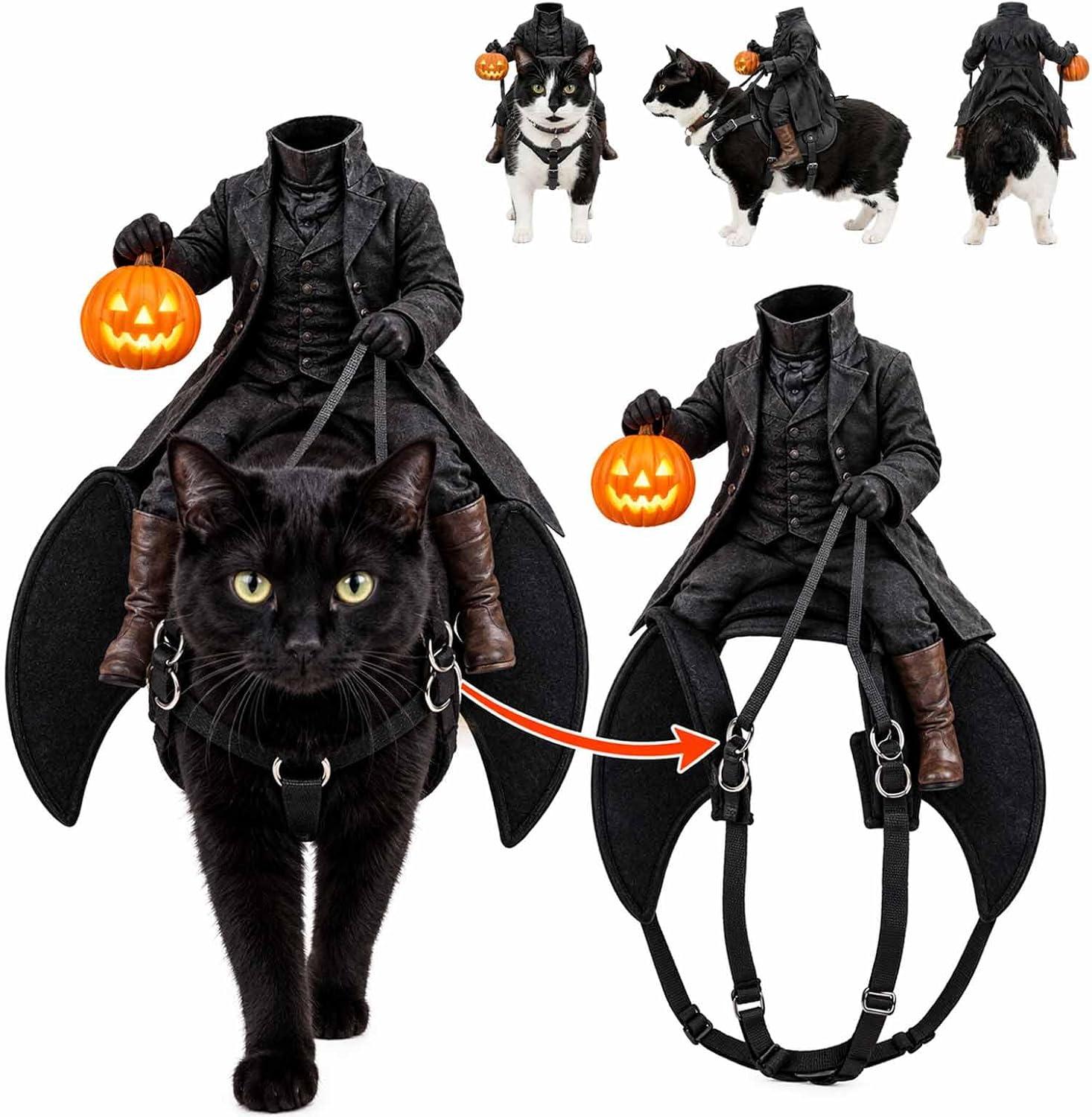 Headless Horseman Cat Costume – Spooky 3D Horse Riding Illusion, Realistic Dark Rider Cosplay Outfit with Magic Tape, Perfect Halloween Party Pet Outfit for Photos, for Small Dog Puppy Kitty Kitten