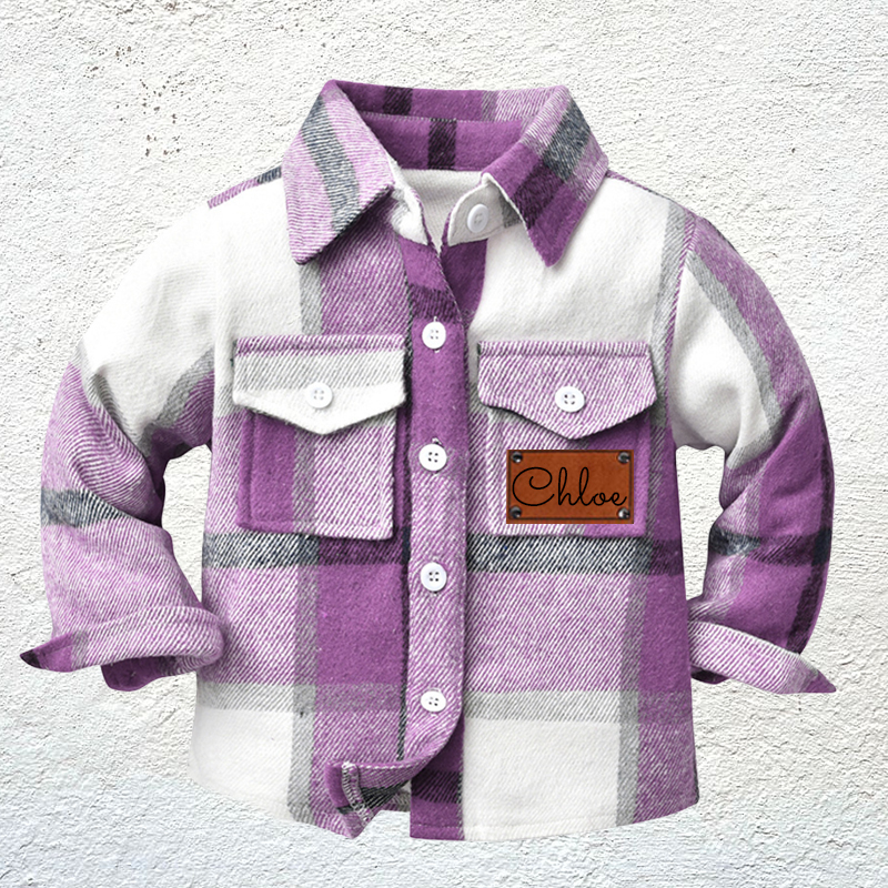 Custom Name Jacket Personalized Leather Patch Kids Flannel Jacket for Children