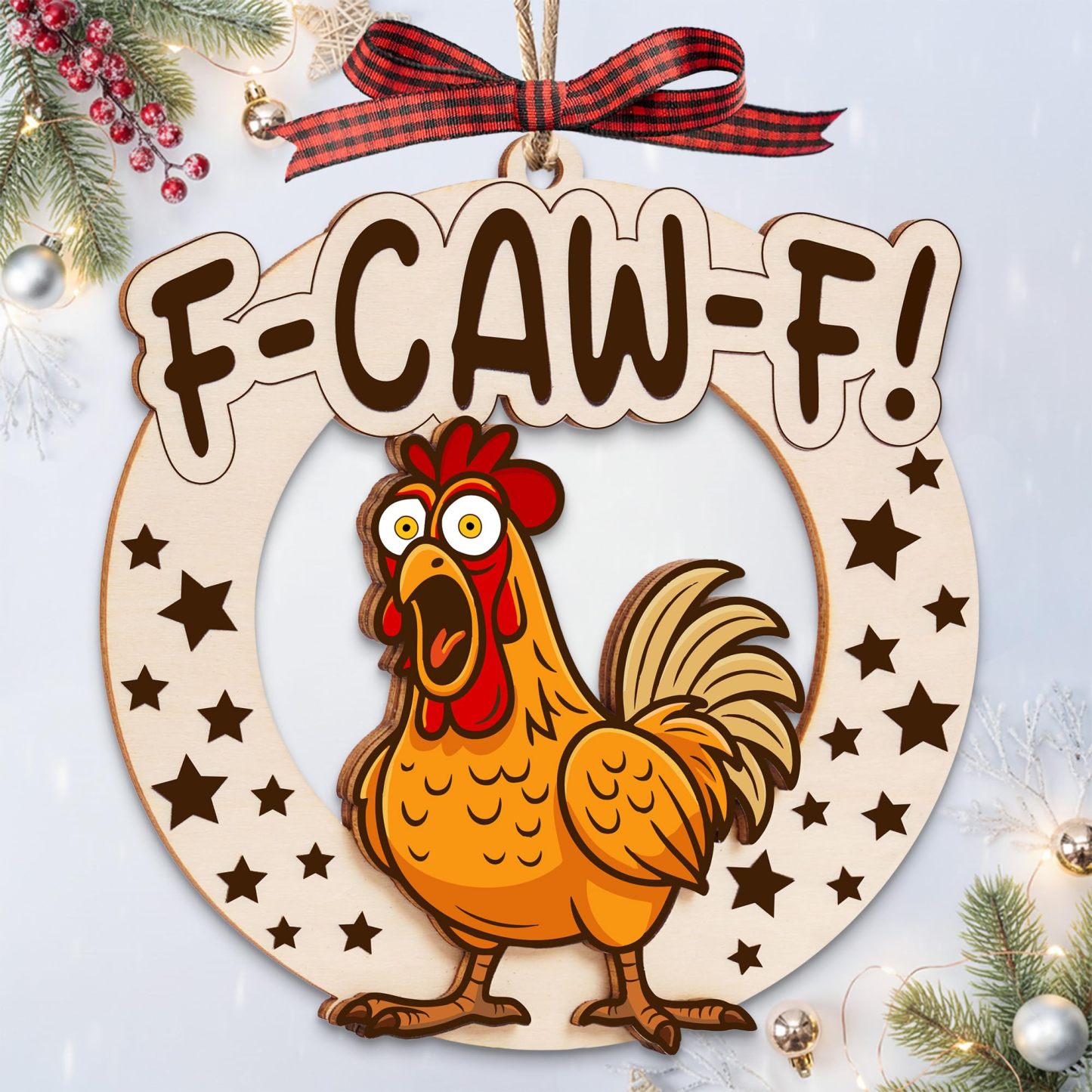 Funny F-Caw-F Chicken Christmas Ornaments, Funny White Elephant Gag Gifts, Unique for Chickens Lovers, Adults, Women, Farmhouse Xmas Hanging Decorations