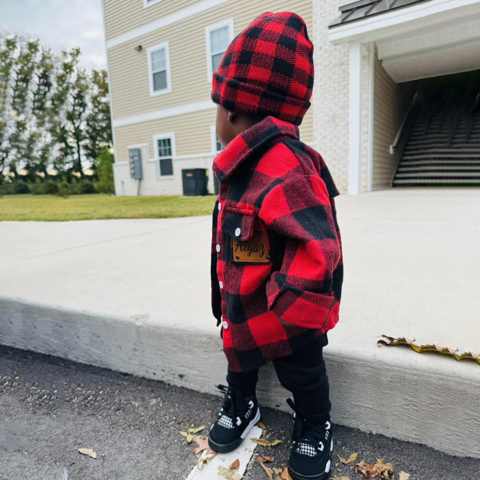 Custom Name Jacket Personalized Leather Patch Kids Flannel Jacket for Children