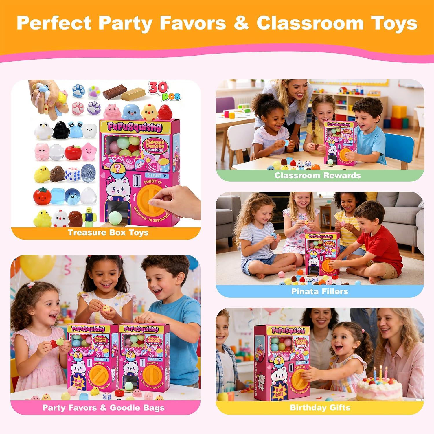 Squishy Capsule Toys for Kids, Mini Vending Machine Toy Set, Soft Stress Relief Squishies Party Favors, Classroom Rewards & Birthday Gifts