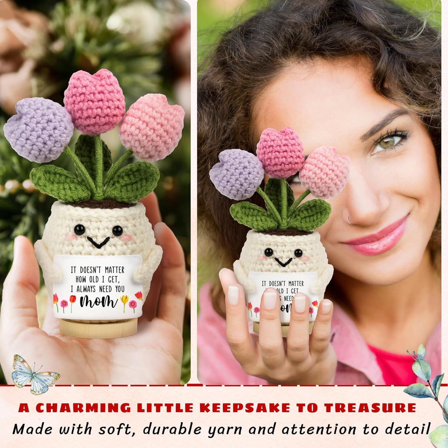 Gifts for Mom from Daughter Son - Cute Mothers Day, Birthday Gifts for Moms, Mother, Mama - 5.51'' x 4.13'' Mother's Day Knitted Positive Tulip Flowers Mom Crochet Doll