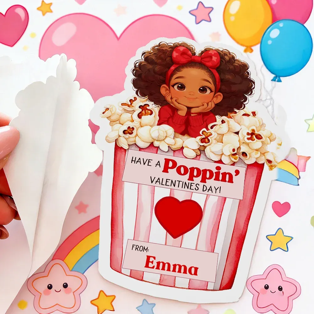 Personalized Cartoon Afro Black Girl Boy Popcorn Stickers with Name, Children's School Classroom Labels, Party Favors, Valentine's Day Gift for Kids
