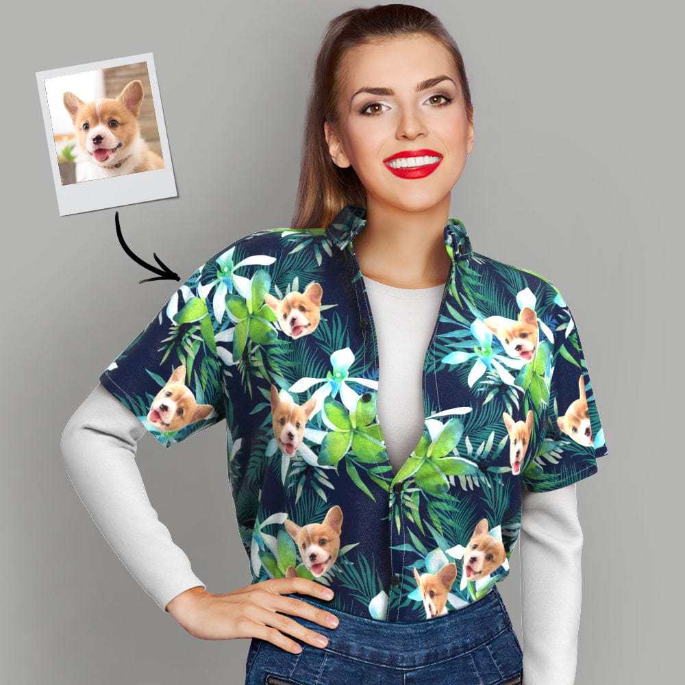 Custom Hawaiian Shirt with Face Custom Dog Face Hawaiian Shirt Leaves Tropical Shirts - Giftlab