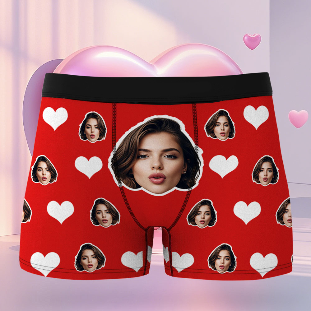 Custom Men's Face Boxer Red Heart Boxers Face Boxer Briefs Personalized White Face Boxer Briefs Valentine's Day Underwear Gift - Bestchristmasgifts