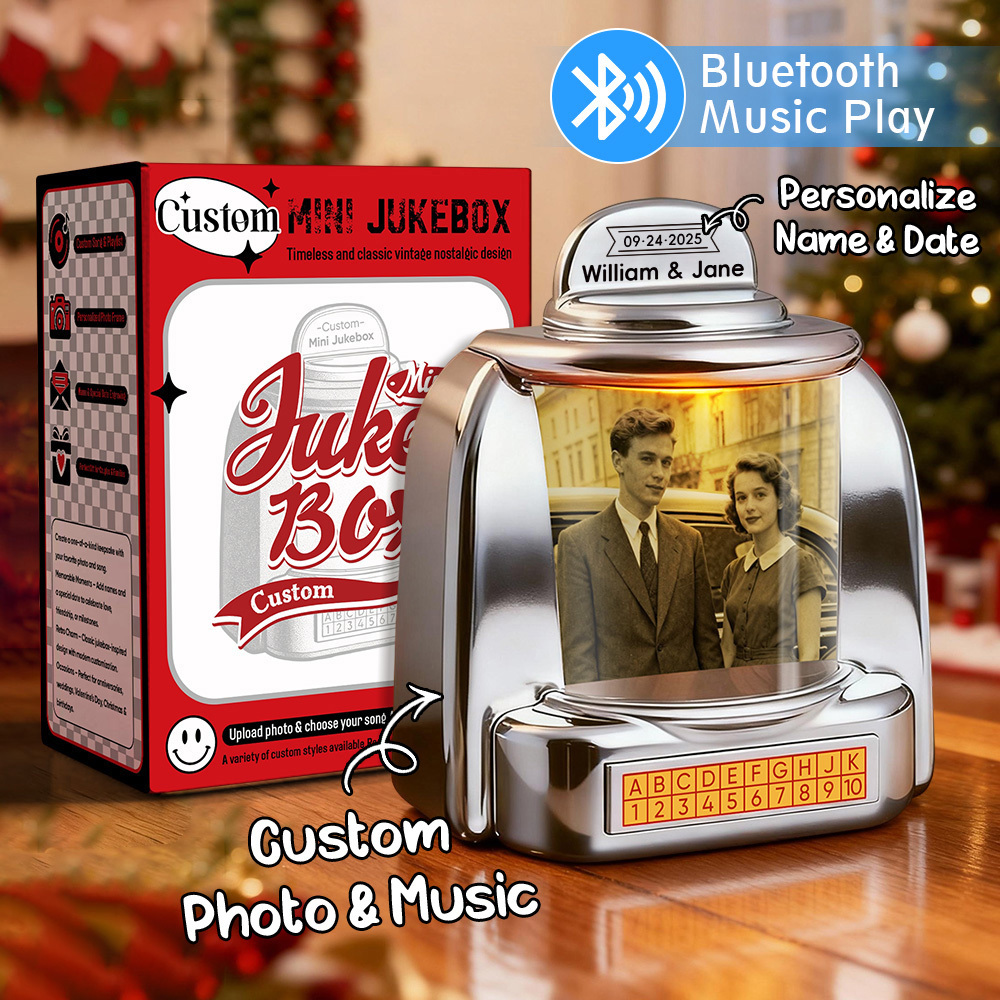 Custom Mini Jukebox Retro Speaker – Personalized Photo,Names & Date Music Mini Player with Radio | Vintage Tabletop Home Decor Nostalgic Gift