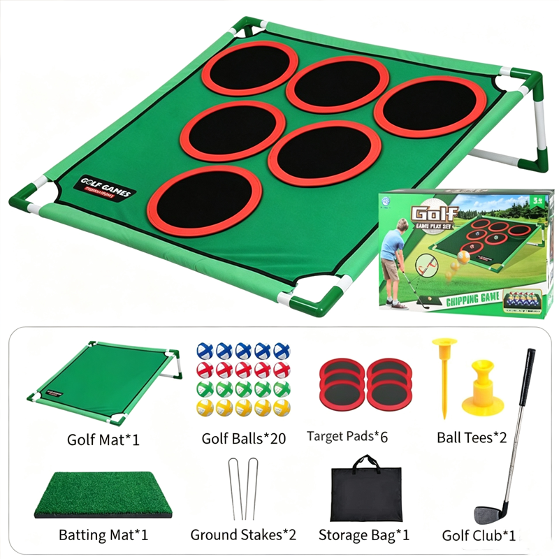 Golf Game Mat Set with Target Belt Bracket, Sticky Ball Toy, Indoor Outdoor Family Parent Child Interactive Sports Practice Floor Mat