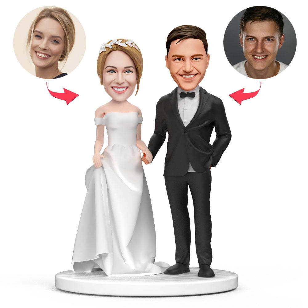 Couple Wedding White Wedding Dress Black Suit Custom Bobblehead Engraved with Text - Bestchristmasgifts