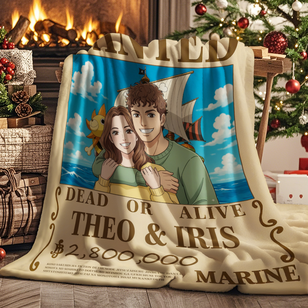 Custom Anime Bounty Couple Portrait Blanket Personalized Anime Style Wanted Blanket Portrait Unique Captains' Couple Portrait